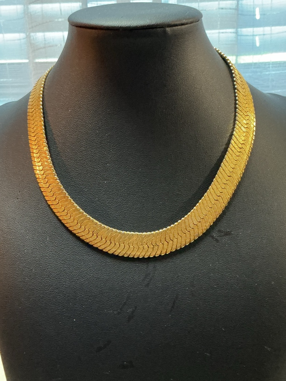 Herringbone Vintage 1980s Wide Flat Gold Plated Collar Necklace